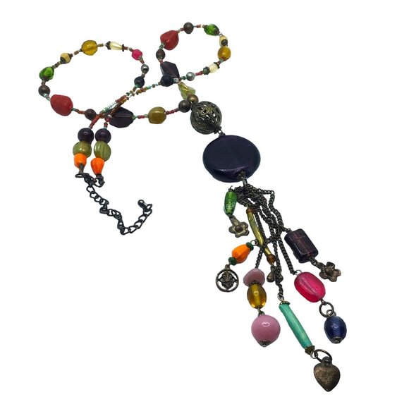Tassel Necklace Mixed Glass Beads Purple Pink Blue Adjustable Length Casual Work - Picture 2 of 2